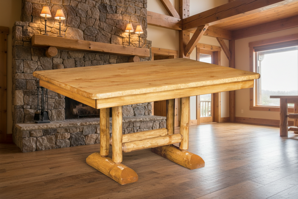 Log Trestle Table staged in a timber-frame lodge dining room with stone fireplace