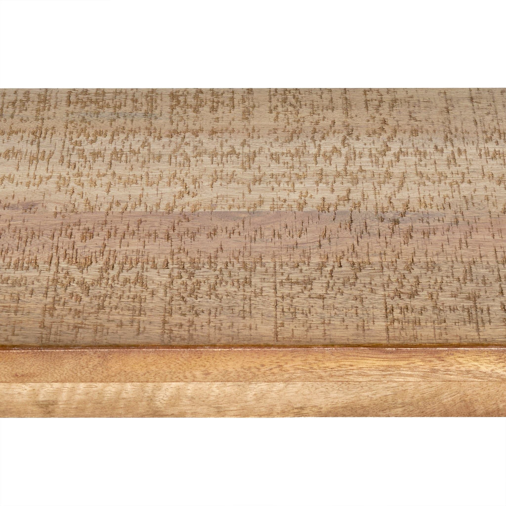 The Mango Console, crafted from eco-friendly wood, showcases natural grain textures and a lighter wood band along the bottom. Its tonal variations make it an elegant addition to dining rooms.