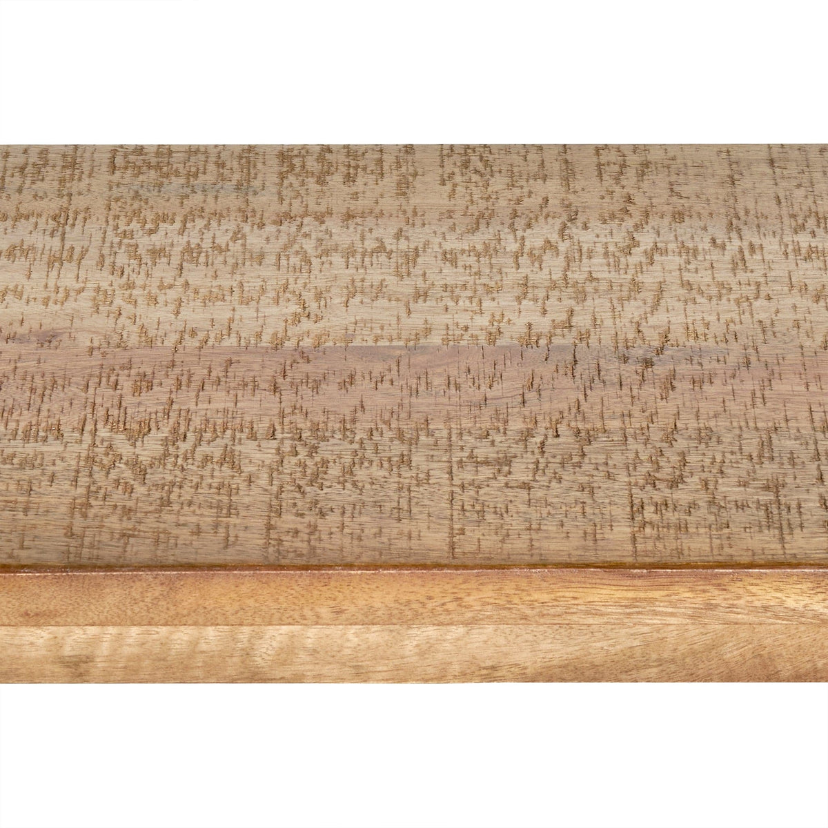 The Mango Console, crafted from eco-friendly wood, showcases natural grain textures and a lighter wood band along the bottom. Its tonal variations make it an elegant addition to dining rooms.