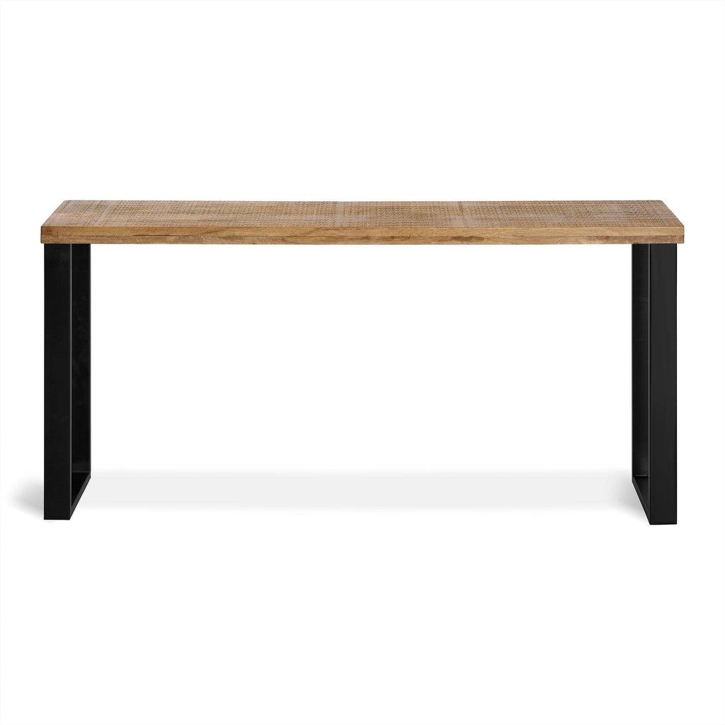 The Mango Console is a rectangular wooden table made from eco-friendly materials, featuring a smooth surface and sleek black metal legs, elegantly showcased against a white background.