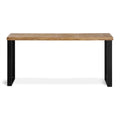 The Mango Console is a rectangular wooden table made from eco-friendly materials, featuring a smooth surface and sleek black metal legs, elegantly showcased against a white background.