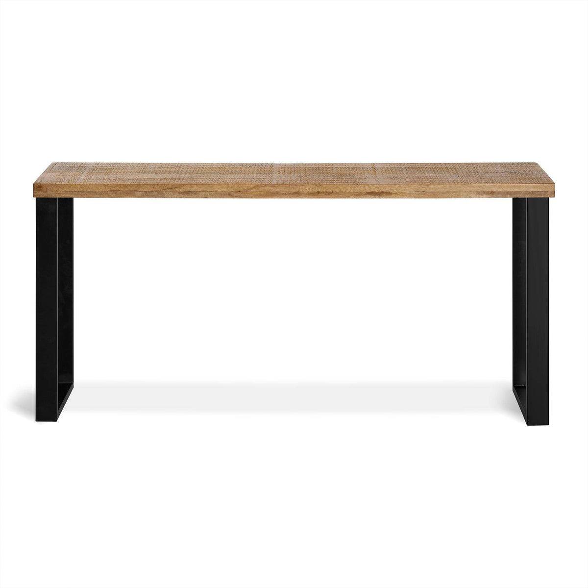 The Mango Console is a rectangular wooden table made from eco-friendly materials, featuring a smooth surface and sleek black metal legs, elegantly showcased against a white background.