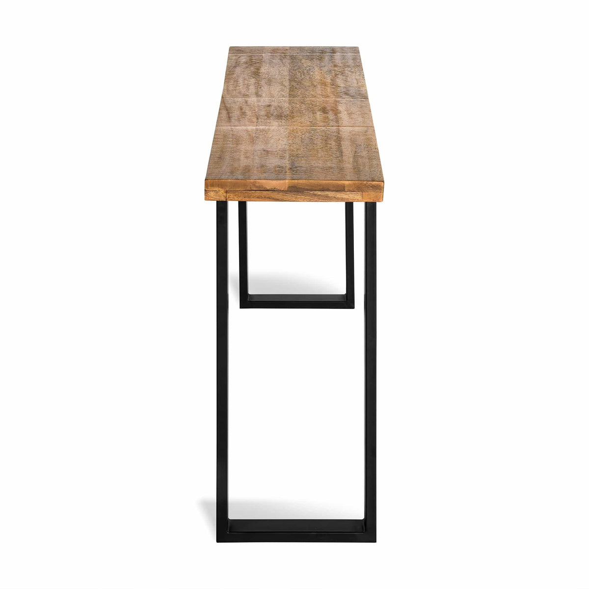The Mango Console is a stylish wooden table with a natural finish, perfect for dining rooms. It features a rectangular mango wood top and black metal legs in a geometric design, showcasing its minimalist and modern aesthetic with an eco-friendly touch.