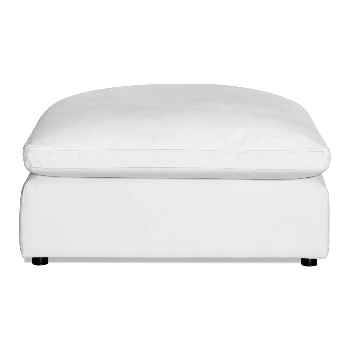 Discover the Peyton Ottoman, a white piece with plush cushions and short dark legs, boasting a minimalist design for a clean look that complements any space.