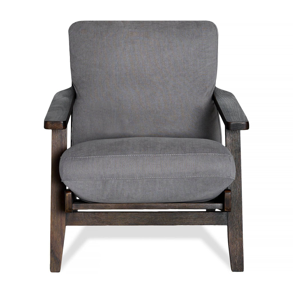 The Peyton Chair, in a front-facing view, showcases modern comfort with dark wooden armrests and legs. Reminiscent of mid-century style, it features gray cushions on the seat and backrest for a simple yet stylish look.
