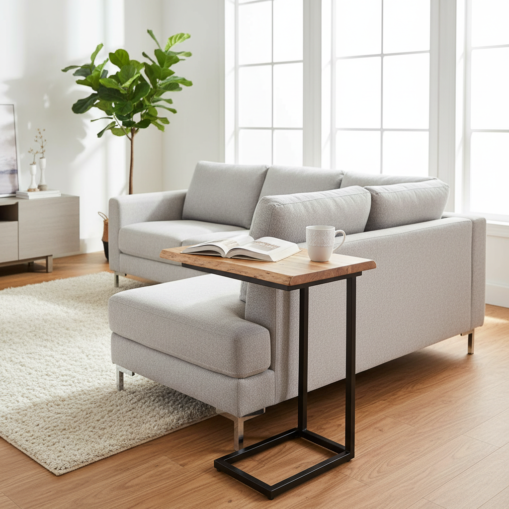 Live Edge acacia C-Table sliding beside a sofa in a bright modern living room with a book and coffee mug on top