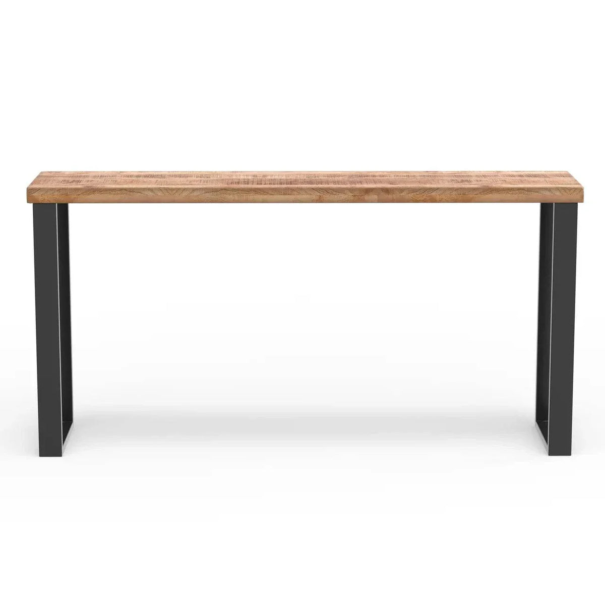 The Mango Console is a minimalist table made from eco-friendly mango wood, featuring black metal legs. Its rectangular shape and modern design fit well in contemporary interiors and dining rooms, with visible wood grain adding to its natural allure.