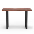 The Live Edge Console is a rectangular table made from live edge acacia wood with a natural finish, showcasing a subtle wave design on the top. It is supported by two sturdy black metal legs on either side.