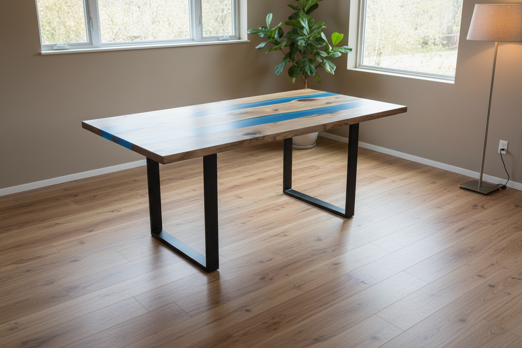 River Table with blue epoxy rivers staged in a warm modern-rustic dining room