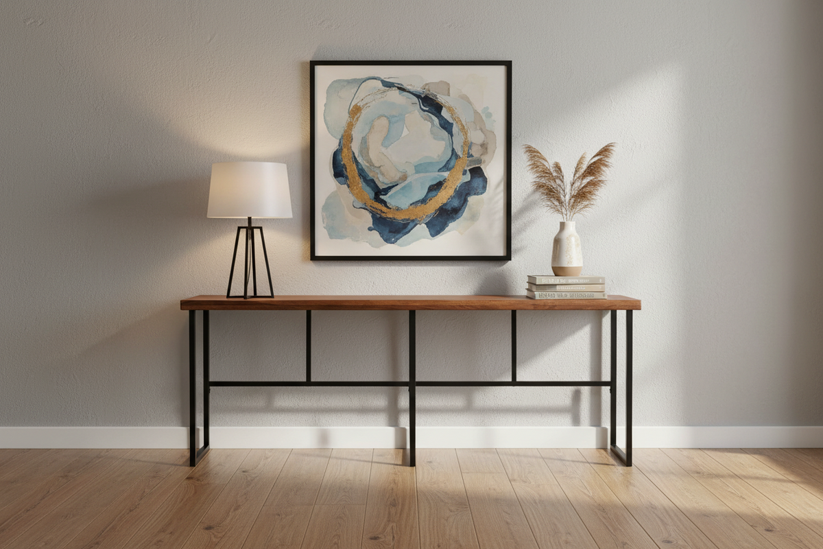 Rosewood Console styled in a modern entryway with framed artwork, a table lamp and pampas grass