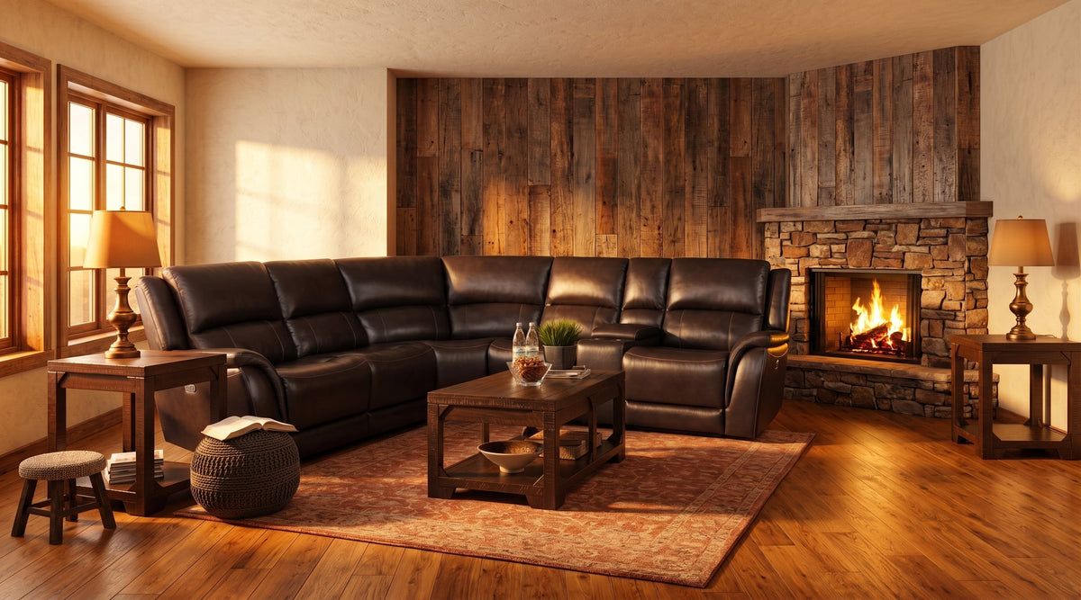 Bourbon Lane Collection espresso leather reclining sectional in a warm rustic living room