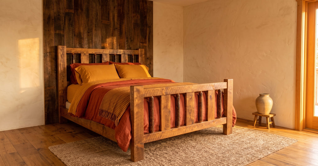 Rustic River Bed in reclaimed barnwood styled in a warm bedroom with terracotta bedding and cream plaster walls