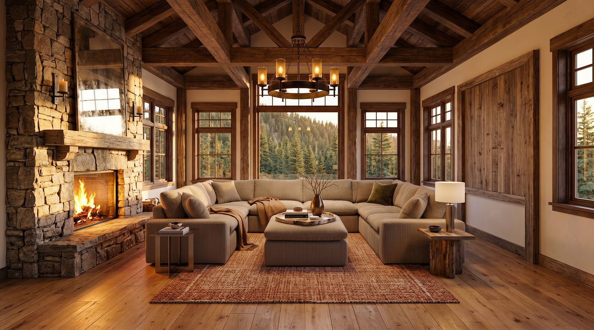 Yeti 8 Piece Pit sectional in tan corduroy, staged in a warm rustic great room with timber beams, stone fireplace and honey-oak floors