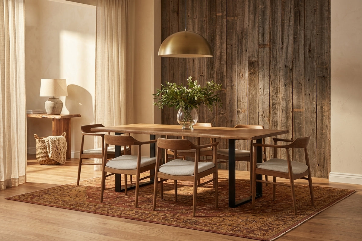 Live edge dining table with wooden chairs staged in a warm room with barnwood accent wall and terracotta rug