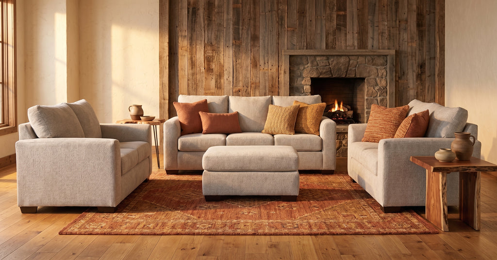 The Driftwood Collection greige chenille sofa loveseat chair and ottoman staged by a stone fireplace with a terracotta wool rug and barnwood wall
