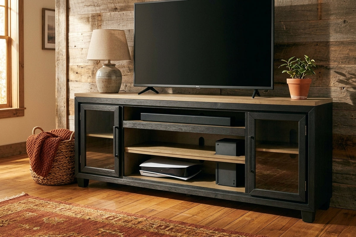 83 inch oak TV stand staged with a TV in a warm rustic living room