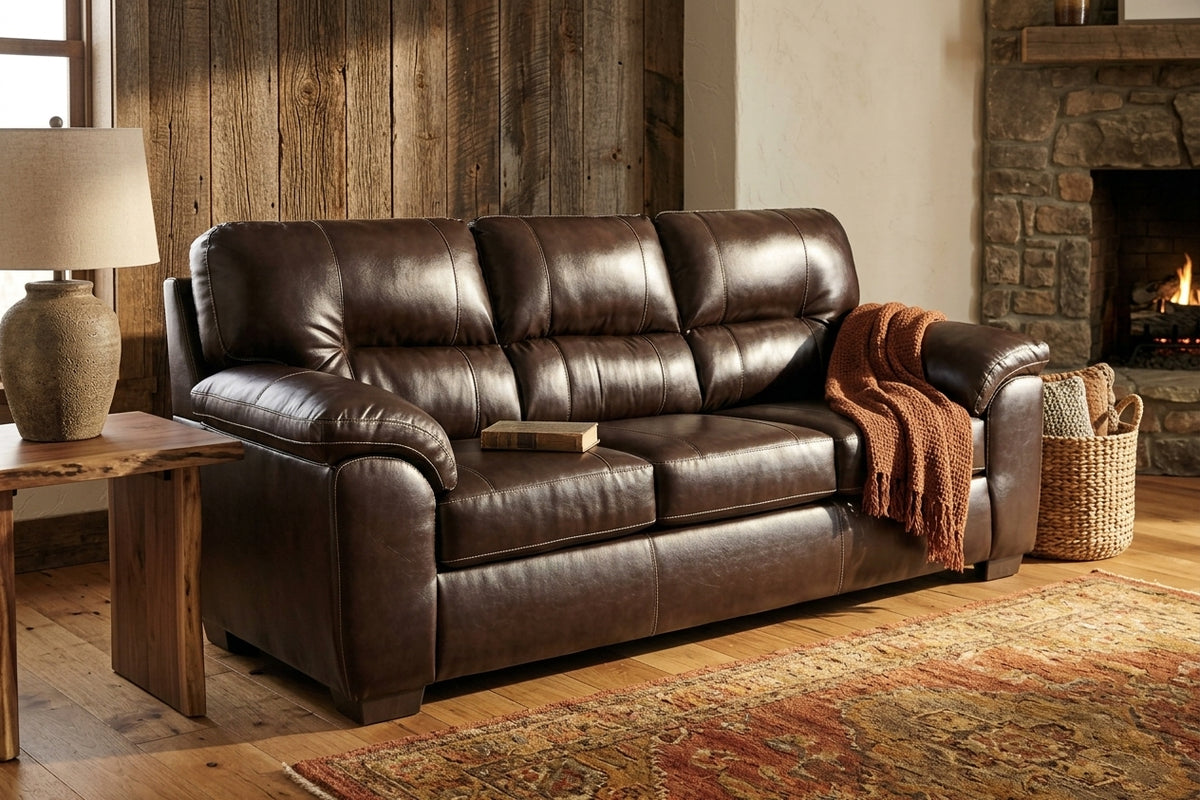 Driftwood Bourbon leather sofa staged in a warm rustic living room
