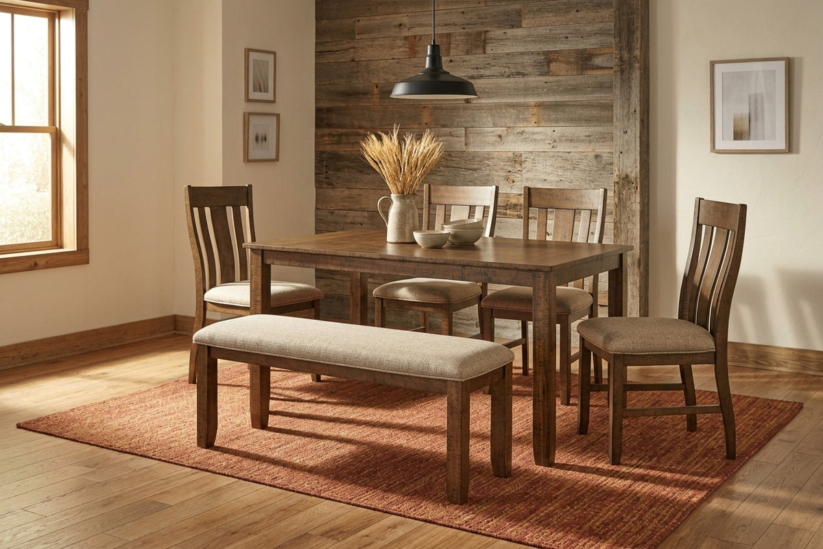 Farmhouse 6-piece dining set staged in a warm dining room