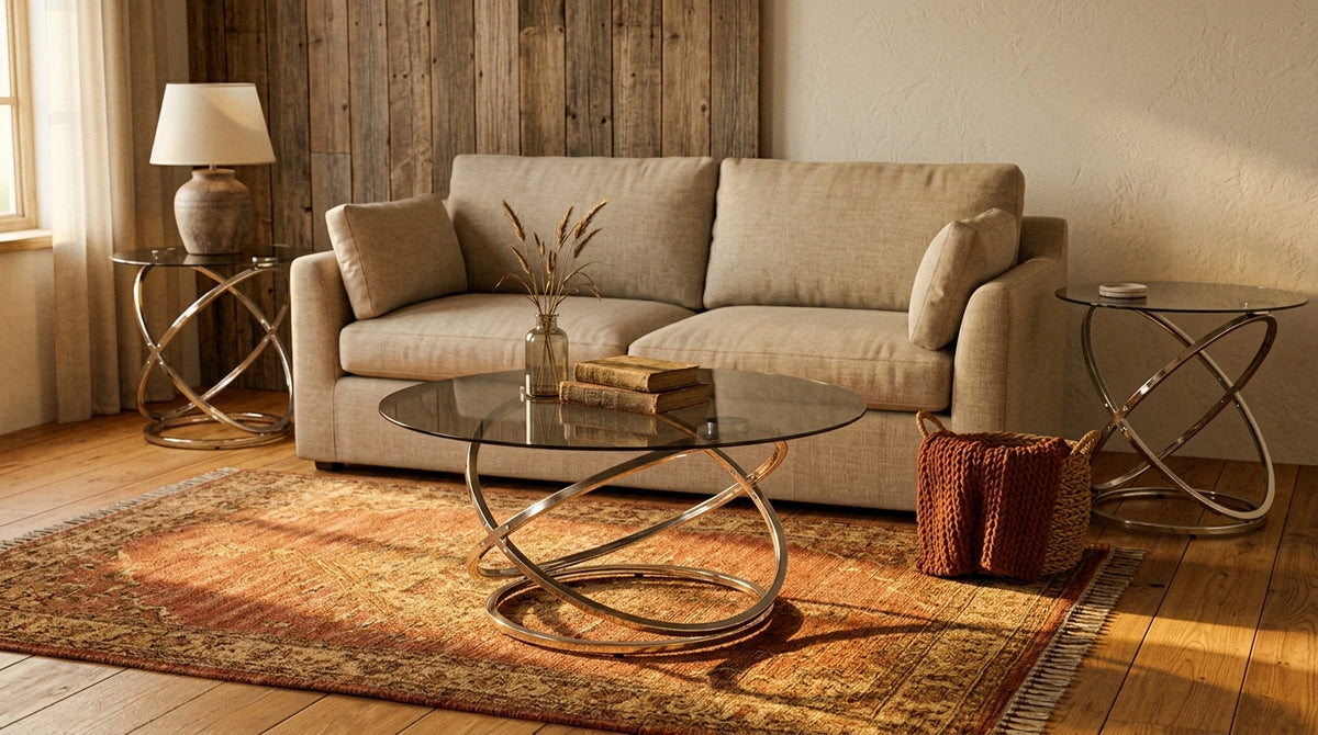Silver Birch glass and chrome 3-piece table set staged in a warm rustic living room