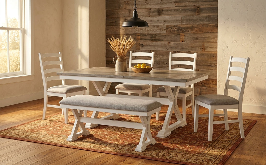 The Whispering Birch dining collection staged in a warm dining room