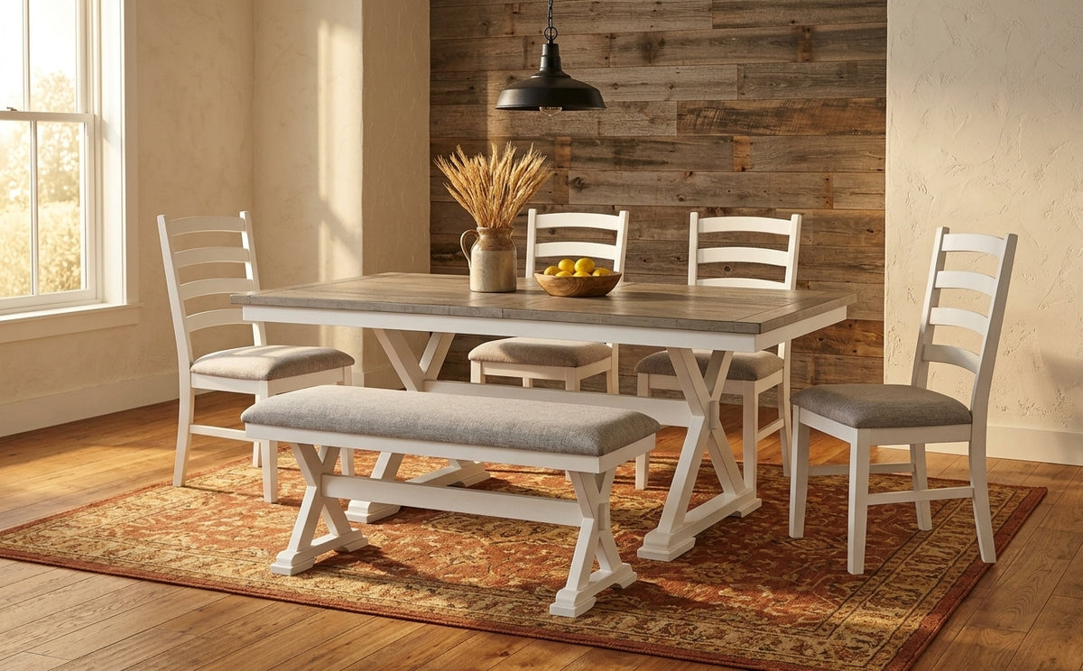 The Whispering Birch dining collection staged in a warm dining room