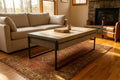 Timber Frame cocktail table staged in a warm rustic living room