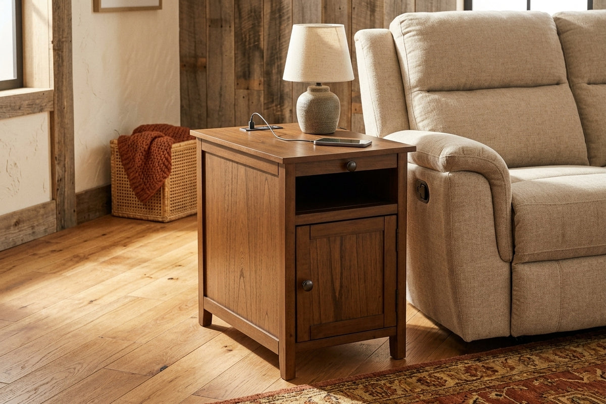 USB chairside table staged beside a recliner in a warm rustic living room
