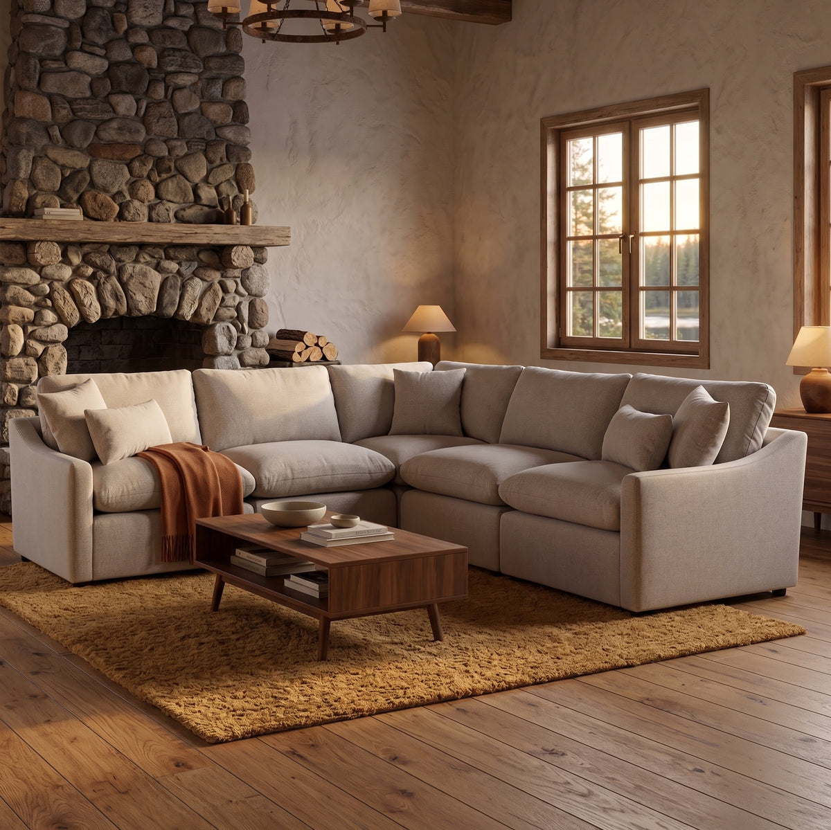 My Cloud Slope 4 Piece Right L sectional in a cozy cabin living room