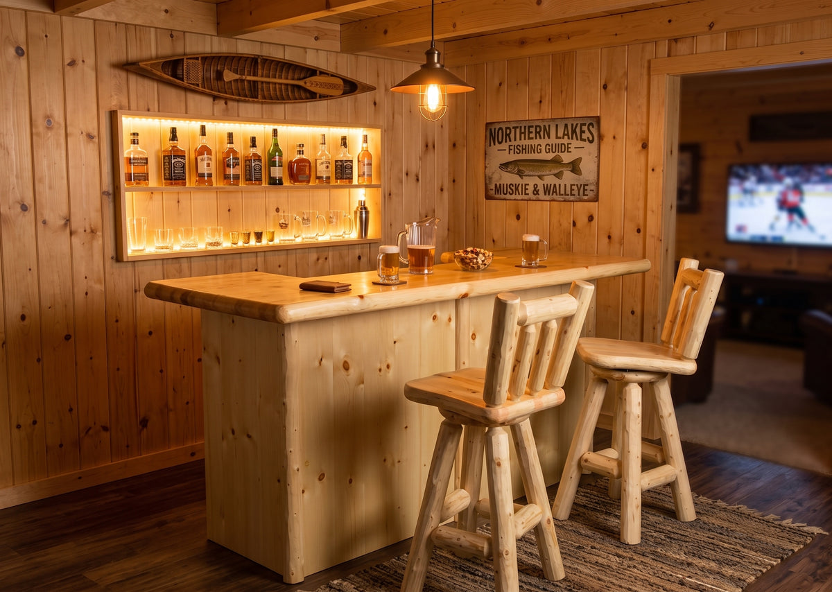 84 inch Log Bar with swivel stools staged in an up-north cabin bar corner
