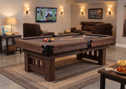 Cheyenne Billiard Table staged in a farmhouse basement sports lounge