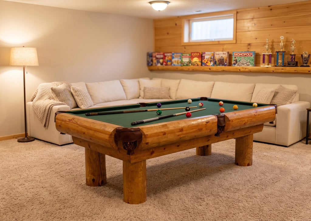 Ponderosa Log Billiard Table staged in a family bonus room