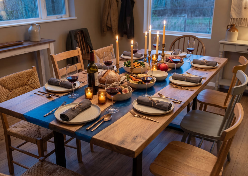 Live edge river dining table set for a dinner party