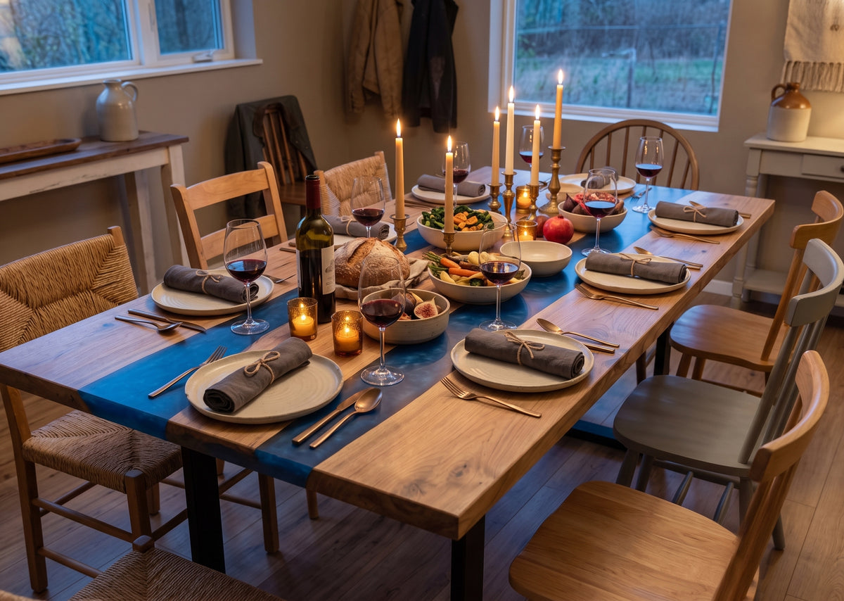 Live edge river dining table set for a dinner party