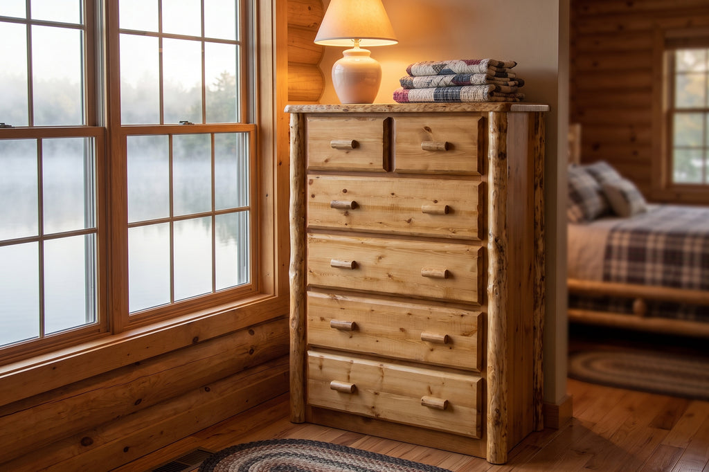 Northwoods 6 drawer log chest staged in a lakeside guest bedroom