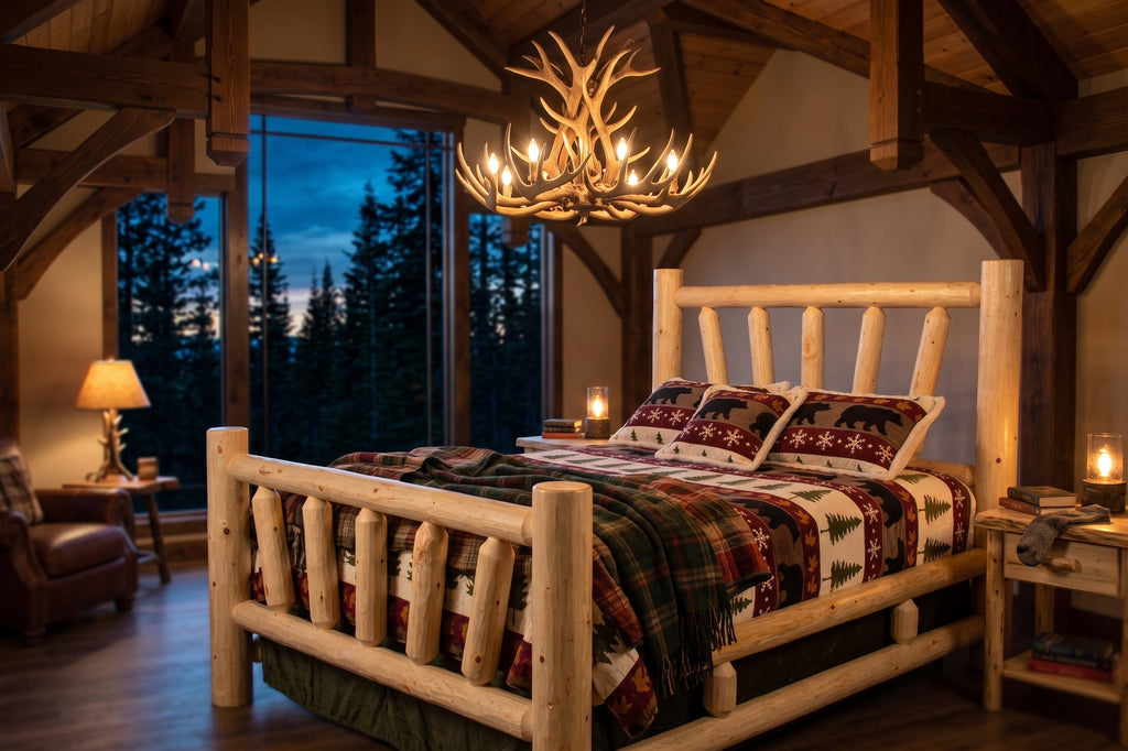 Starburst log bed staged in a vaulted timber-frame master suite at dusk