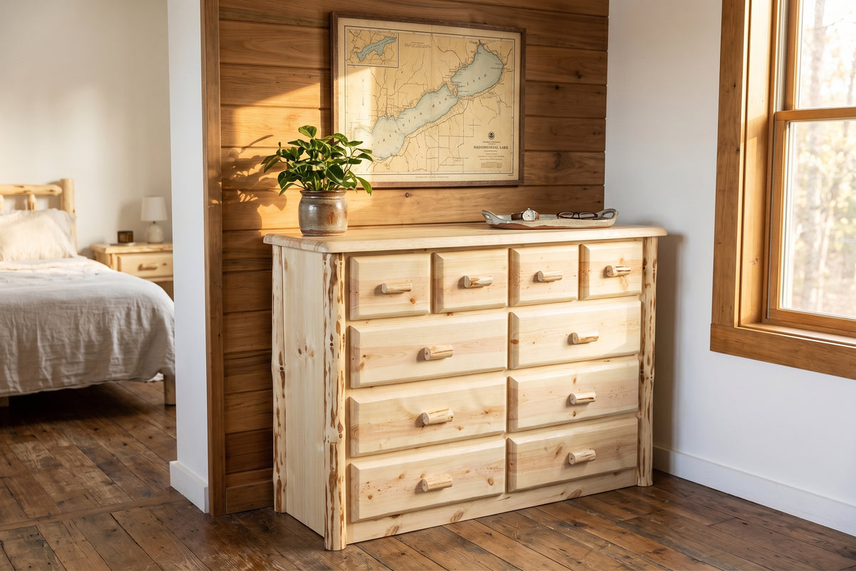 Wilderness 10 drawer chesser staged in a modern-rustic bedroom