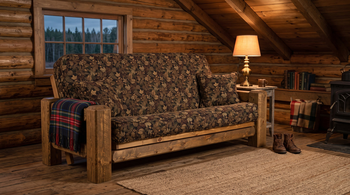 Barnwood Futon staged in a cozy log cabin living room