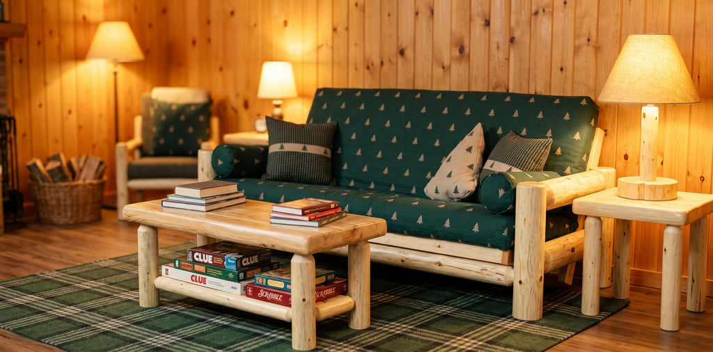 Northern Exposure Log Futon staged in a warm knotty pine den