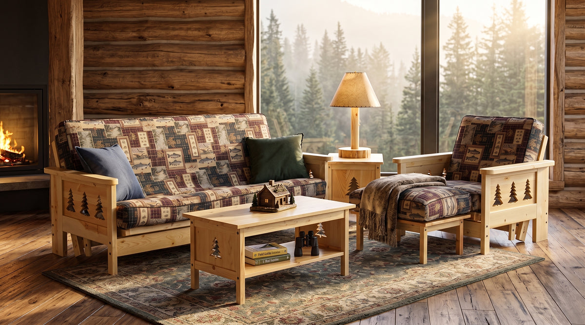 Stockton Futon set with inserts staged in a warm cabin great room