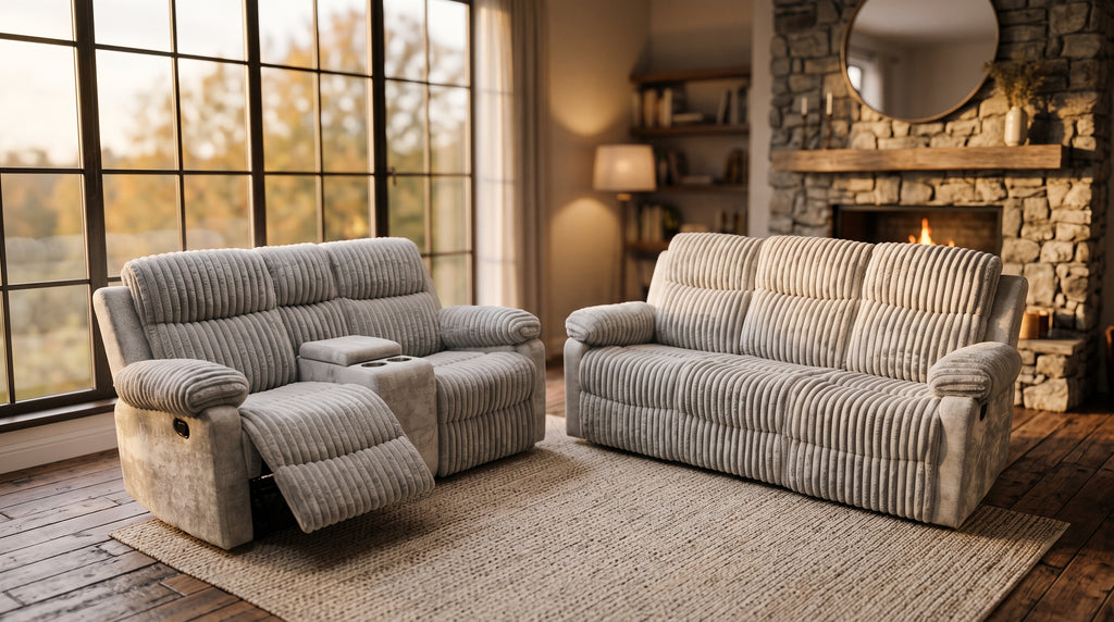 The Sunday Lounger reclining set staged in a modern rustic living room