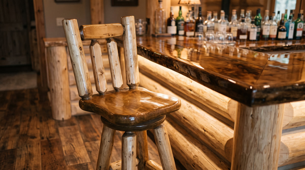 Log Bar Stool staged at a log home bar with liquid glass top