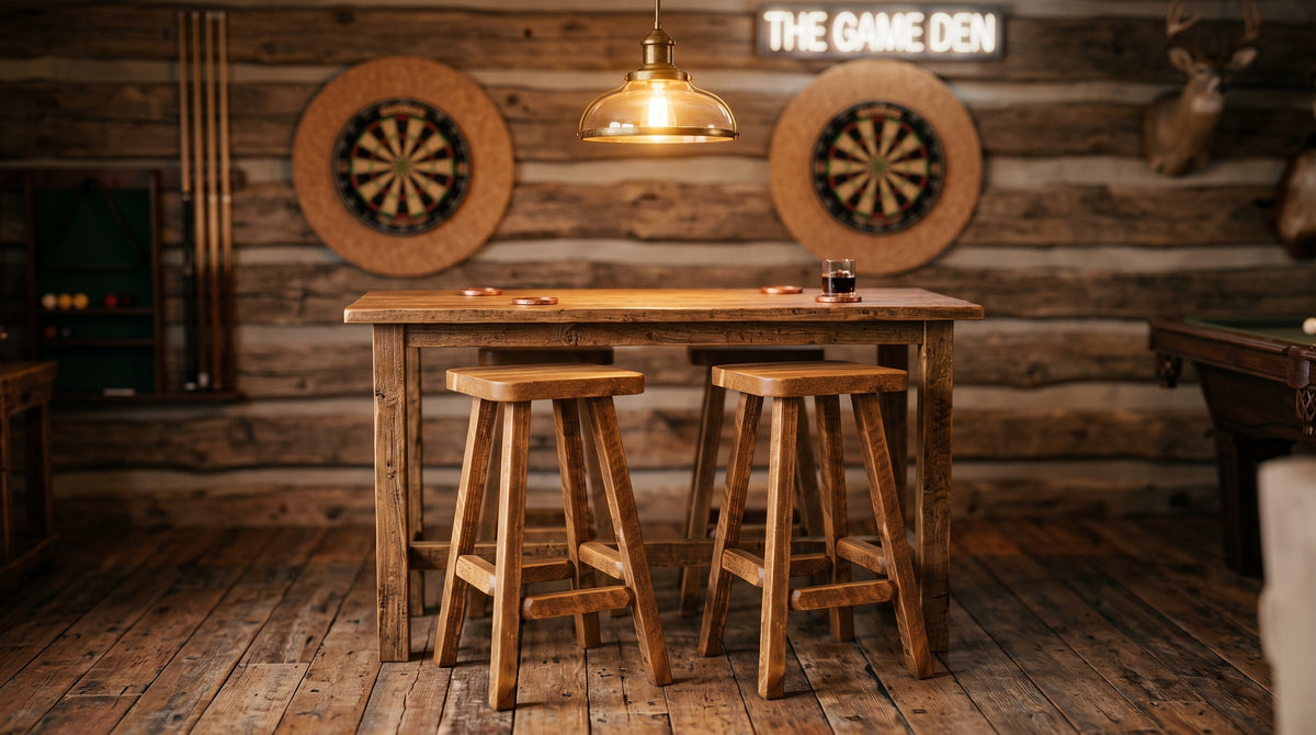 Barnwood Pub Stools staged at a pub table in a cabin game room