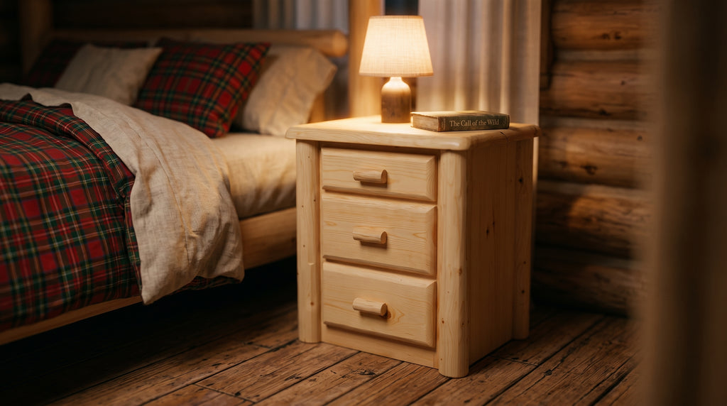 Northwoods Nightstand staged bedside in a warm log cabin bedroom