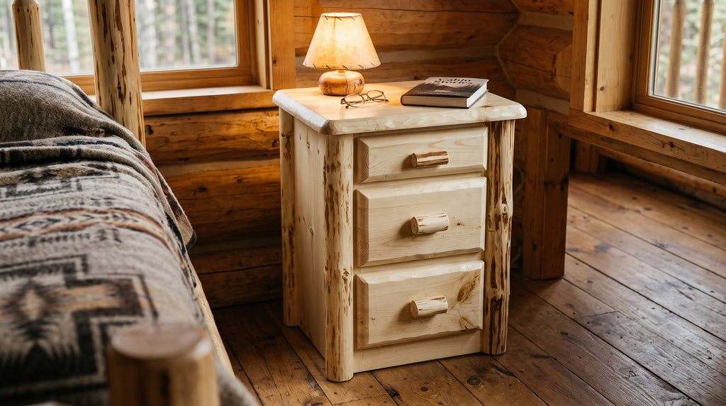 Wilderness Nightstand staged bedside in a timber cabin bedroom