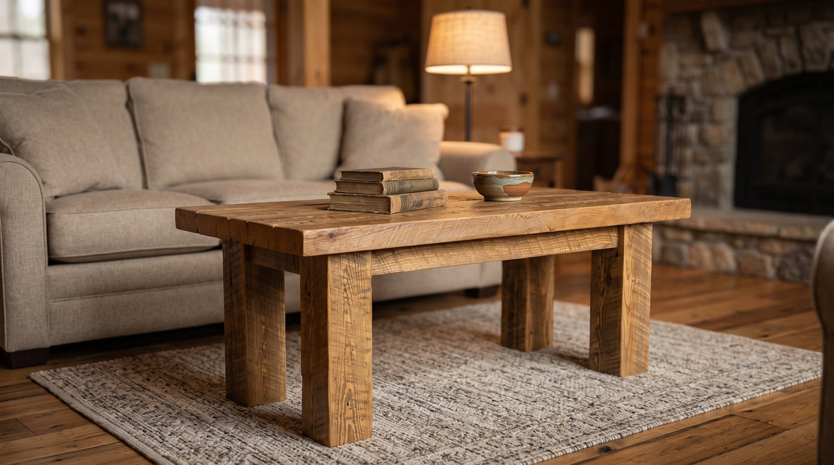 Barnwood Coffee Table staged in front of a sofa in a warm cabin living room