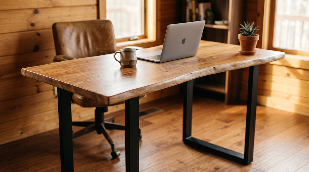 Live Edge Desk staged in a warm modern rustic home office