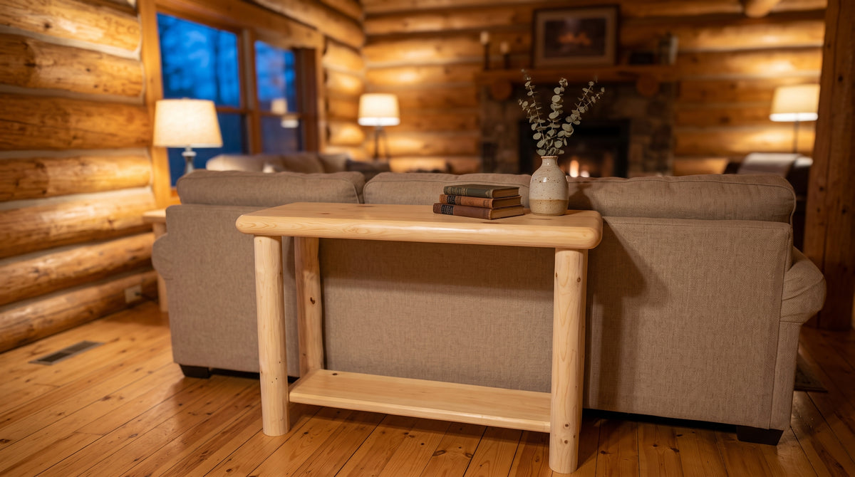 Northern Exposure Sofa Table staged in a warm rustic living room