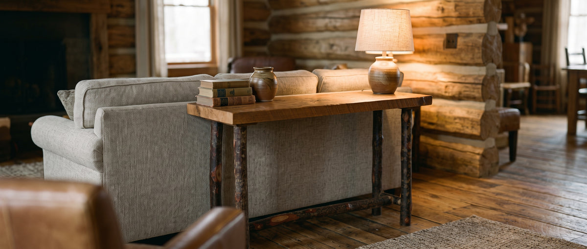Sawtooth Hickory Sofa Table staged in a warm rustic living room