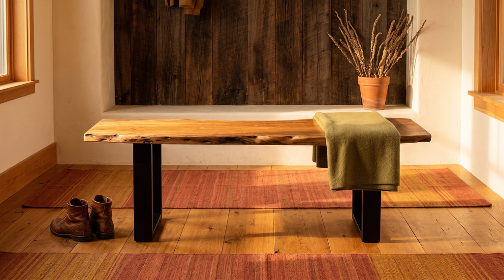 Live Edge Bench staged in a warm rustic entryway