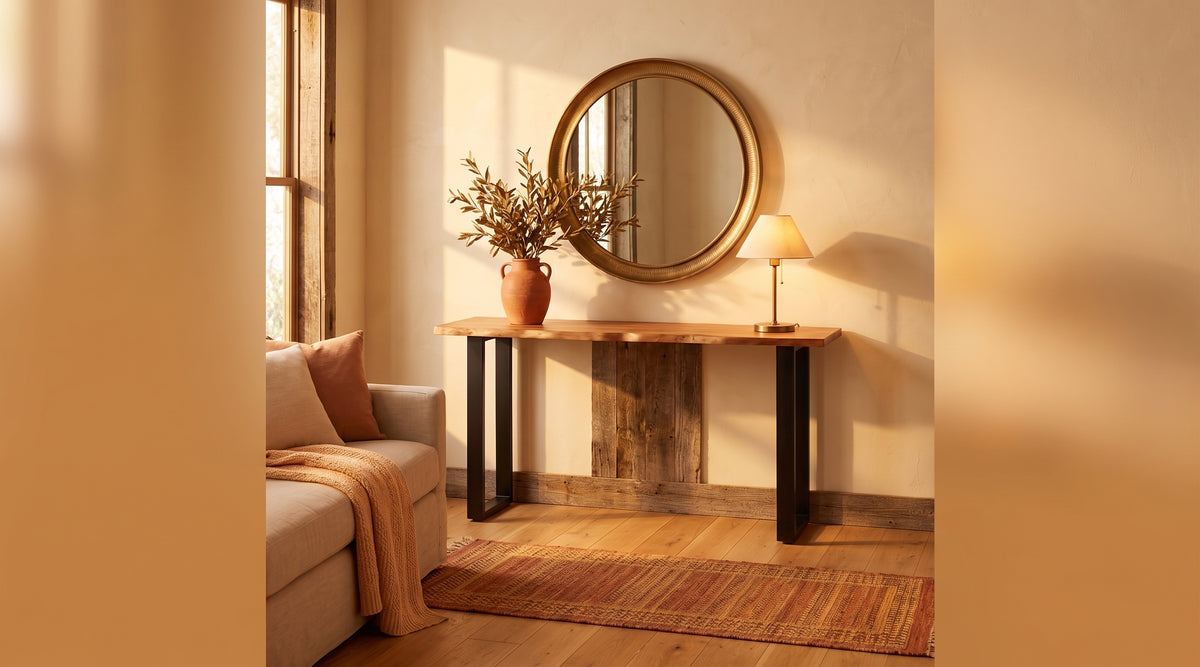 Live Edge Console staged in a warm rustic entryway